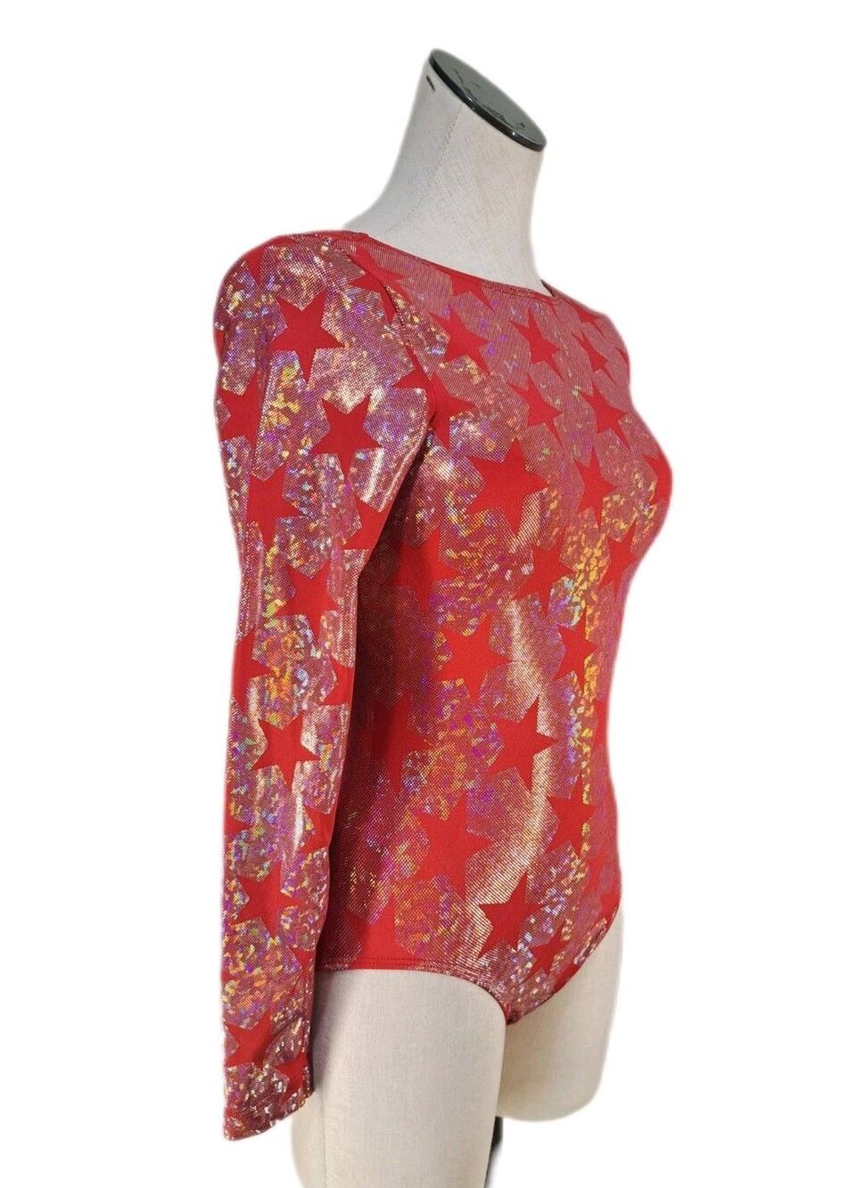 GK Elite VTG Holographic Americana Red Star Shimmering LS Logo Leotard Size AXL - Picture 4 of 16
